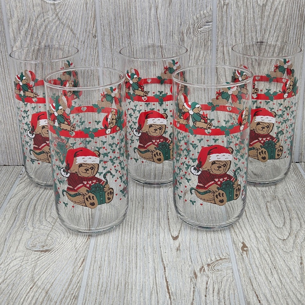 Tienshan Country Christmas Teddy Bear Present Glass Tumblers Set of 5 Drinkware